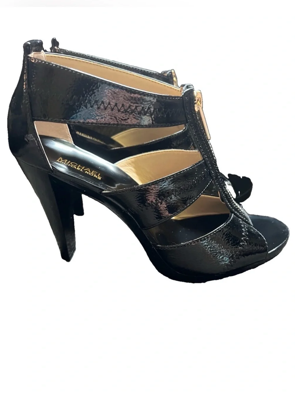 Michael Kors Berkeley T Strap Black Patent Leather High Heel Sandals Size 7.5M